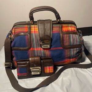 L.A.M.B. Tartan Plaid Red & Blue Crossbody Bag Duffel Bag with Matching Wallet.